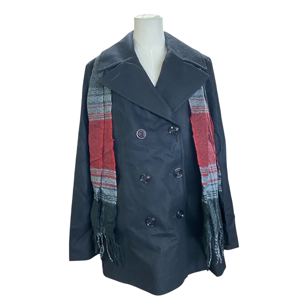 London Fog‎ Womens Pea Coat with Scarf XL Black Wool Blend L121508T93